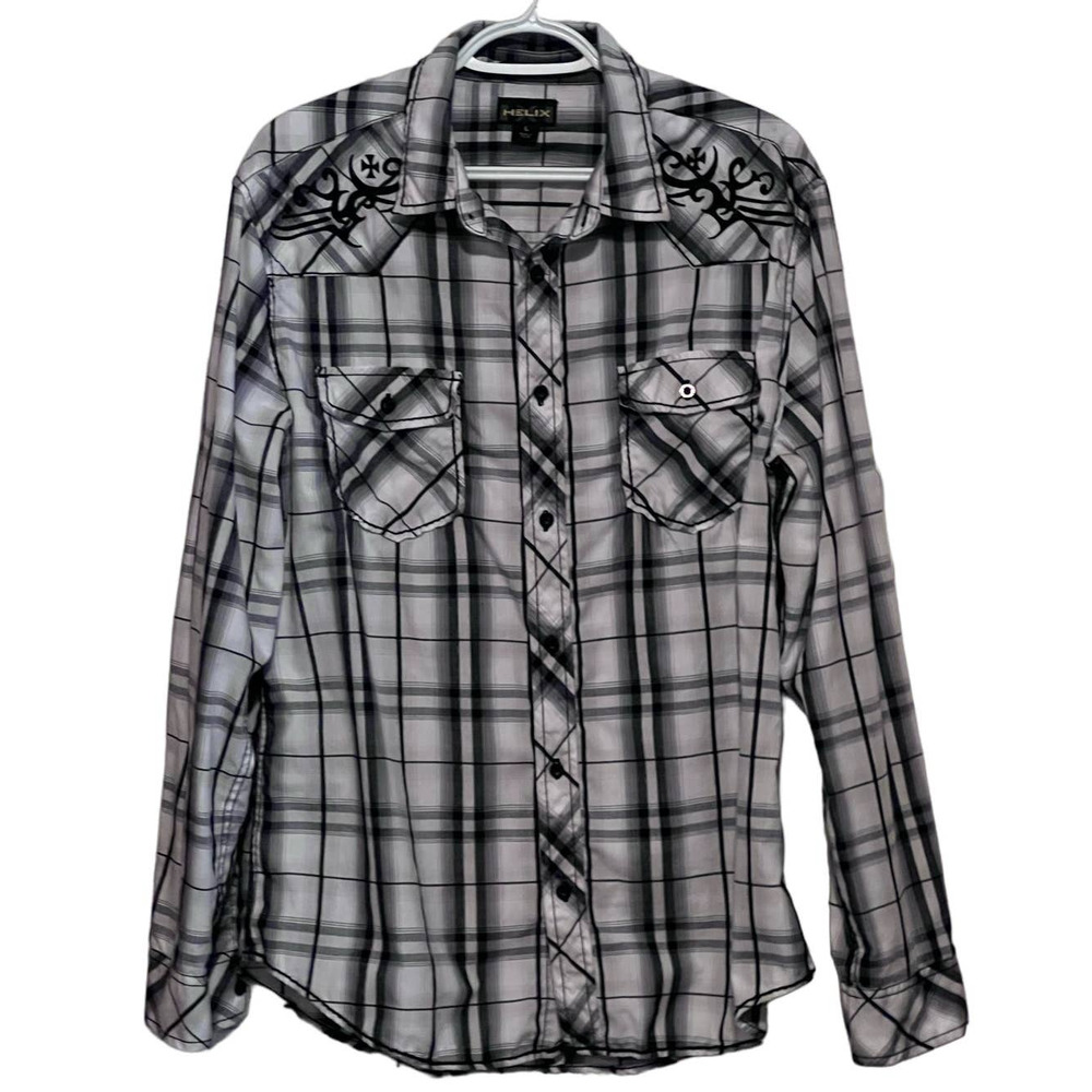 Helix Men's‎ Athletic Fit Black & White Long Sleeve Button Front Shirt Size L
